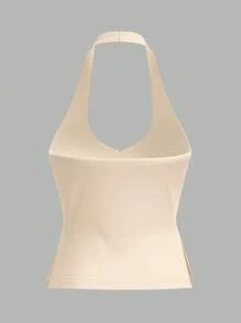 SHEIN BASICS 女式休闲纯色针织露背上衣 - 杏色 - 查看 6