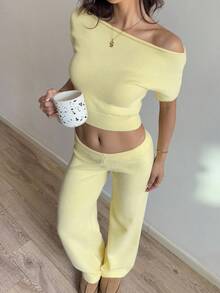 Sunnyshic Women's Yellow Casual Vacation Off Shoulder Short Sleeve Sweater 2 Pieces Set. 2 Pieces Lounge Set Women Yellow Two Pieces Set For Women Butter Yellow Two Pieces Set. Cute And Cozy. Fall Essentials.