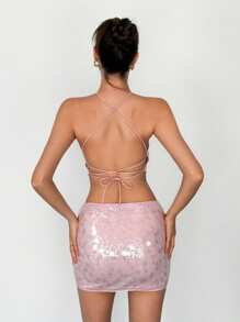 SHEIN Tall Conjunto de 2 piezas de top halter con espalda descubierta y minifalda con lentejuelas para mujer