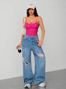 SHEIN PETITE Áo ba lỗ hở ngực bó sát cổ tròn thoáng khí cơ bản màu trắng dành cho nữ - Màu Hồng Tươi - Xem 3