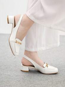 CUCCOO BIZCHIC Women's Shiny White Chain Decor Backstrap Flat Square Toe Slingback Pumps, Suitable For Commuting, Date, Party, Holiday For Christmas Spring Shoes - White - View 3