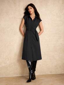 House of One Button-Up Solid Woven Collared Midi Dress Women Casual Business Office Wear Spring Autumn Collared Dress Women Shirt Dress Black Shirt Dress Belted Shirt Dress