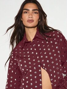 KIZN 长袖纽扣领衬衫金属圆点细节派对晚会场合衬衫西部上衣节日时尚个性单品秋冬 - 酒紅色 - 查看 5