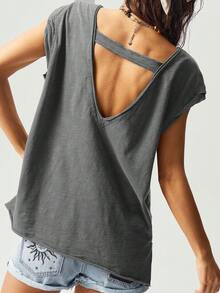 Bohemela 女士休闲纯色针织圆领短袖宽松水洗T恤 - 灰色 - 查看 2