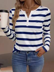 EMERY ROSE Women's V-Neck Striped Button Long Sleeve T-Shirt Fall Cloth For Women