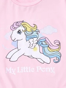 My Little Pony X SHEIN 青少年女孩休闲可爱卡通飞马和字母图案宽松短袖 T 恤，夏季 - 粉色 - 查看 4