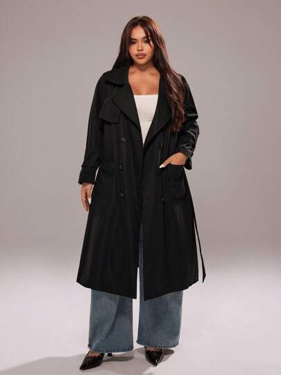Rustia Plus Lapel Neck Double Breasted Belted Trench Coat Fall Winter Cloth For Women Autumn CASUAL