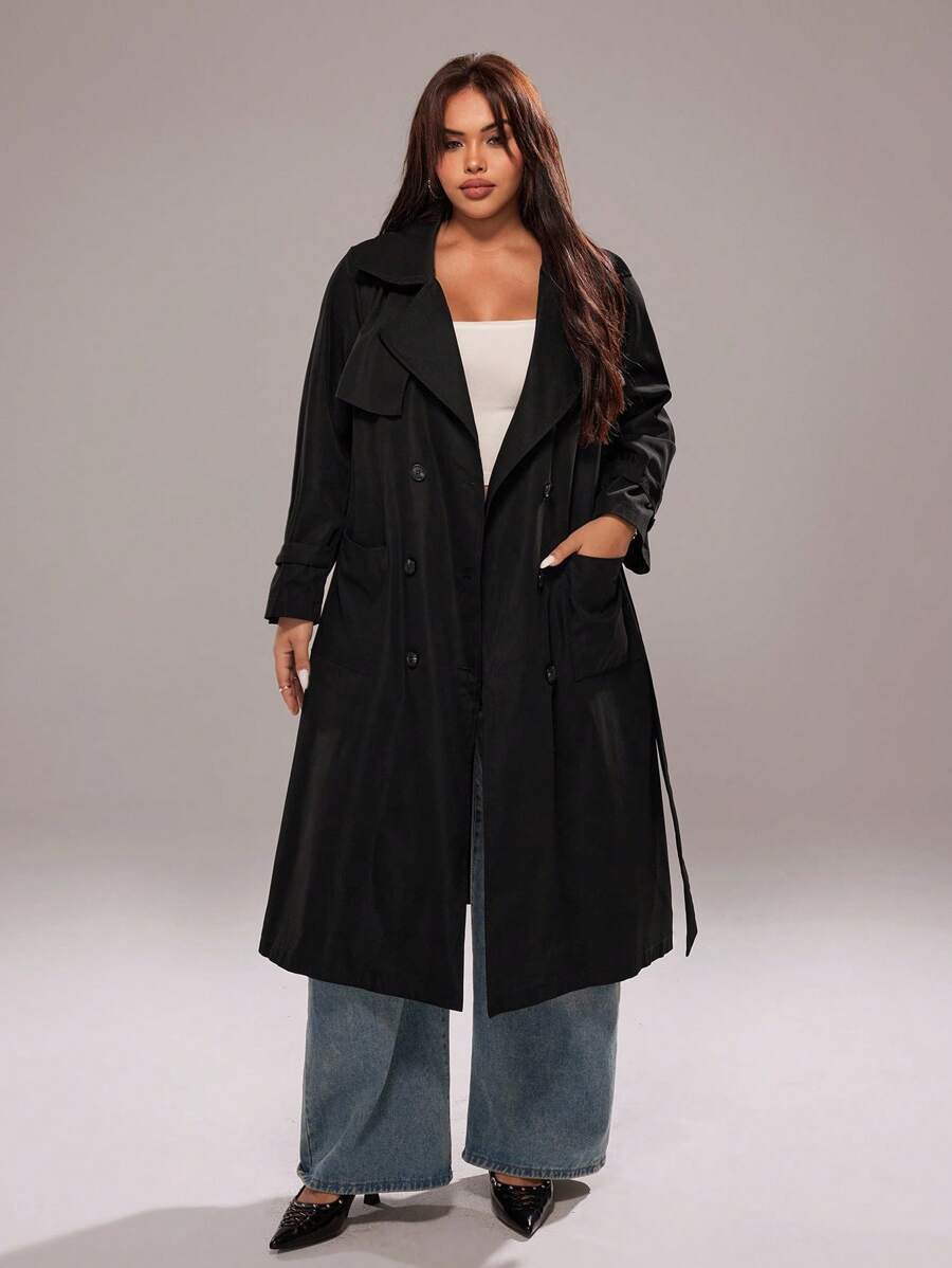 Rustia 大碼西裝領雙排釦腰帶風衣外套