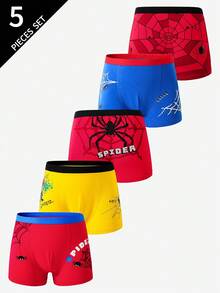 SHEIN 5pcs Boys' Comfortable Cotton Spider Print Briefs Kids Boxers Fall Winter