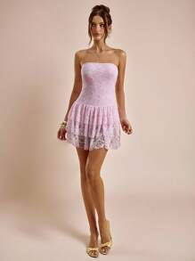 SHEIN BAE Bộ đồ liền thân 3 lớp không tay viền bèo nhún màu hồng thanh lịch cho nữ - Hồng - Xem 8