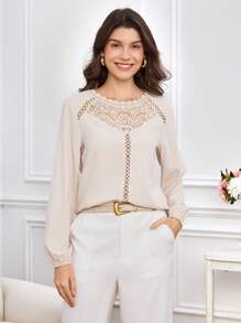 Miaspire Women's Elegant Blouse With Lace Patchwork, Fall/Winter, Fall Shirt For Women,Going Out Tops Women,Wedding Shirt Guest ,Business Casual Outfits Women,Old Money Style Women,Lace Romance,Delicate Romance Lace Blouse Elegant Blouse For Women Business Casual Tops For Women Long Sleeve Blouse Full Sleeve Tops,Chic Tops