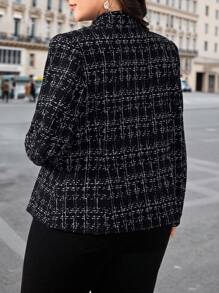 SHEIN Clasi Jacke in Große Größen für Damen, elegante leichte bedruckte Tweed-Jacke mit goldfarbenen Knopfverzierungen, vielseitig einsetzbar für Lässig, Büro, Herbst Outfits für Lehrerinnen in Große Größen, Bürooutfits für Damen, Lehrerinnen-Outfits, Ausgehoutfits - Schwarz und Weiss - Übersicht 3