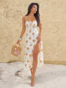SHEIN PETITE 女士休闲度假海滩椰子树印花开衩吊带连衣裙 - 杏色 - 查看 1