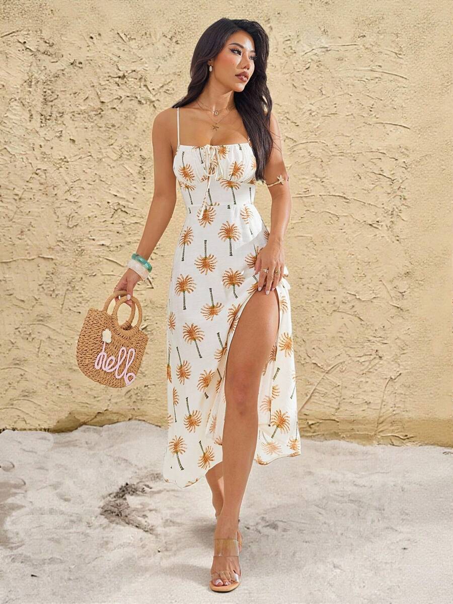 SHEIN PETITE 女士休闲度假海滩椰子树印花开衩吊带连衣裙 - 杏色 - 查看 1