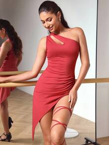 Menodora SHEIN Sport 女式纯色无袖露肩拉丁舞连衣裙 - 酒紅色 - 查看 6