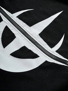 Manfinity EMRG 男士月亮印花长袖前拉链休闲夹克、短款拉链夹克、图案拉链夹克、街头风格夹克、黑色短款夹克男士、黑色图案夹克、短款夹克、哥特拉链、秋季 - 黑色 - 查看 2