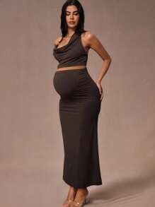 MaterniChic 孕妇性感露背吊带上衣和裙子两件套，夏季 - 咖啡棕 - 查看 3