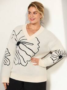 Momelise Plus Size Floral Pattern Knit Sweater, Casual For Autumn/Winter Fall Cloth For Women - Multicolor - View 7