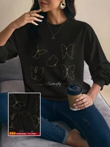 Shutterstock Glamance 女士休闲蝴蝶印花圆领运动衫，秋冬蝴蝶运动衫蝴蝶上衣女士运动衫可爱运动衫优雅 - 白色 - 查看 4