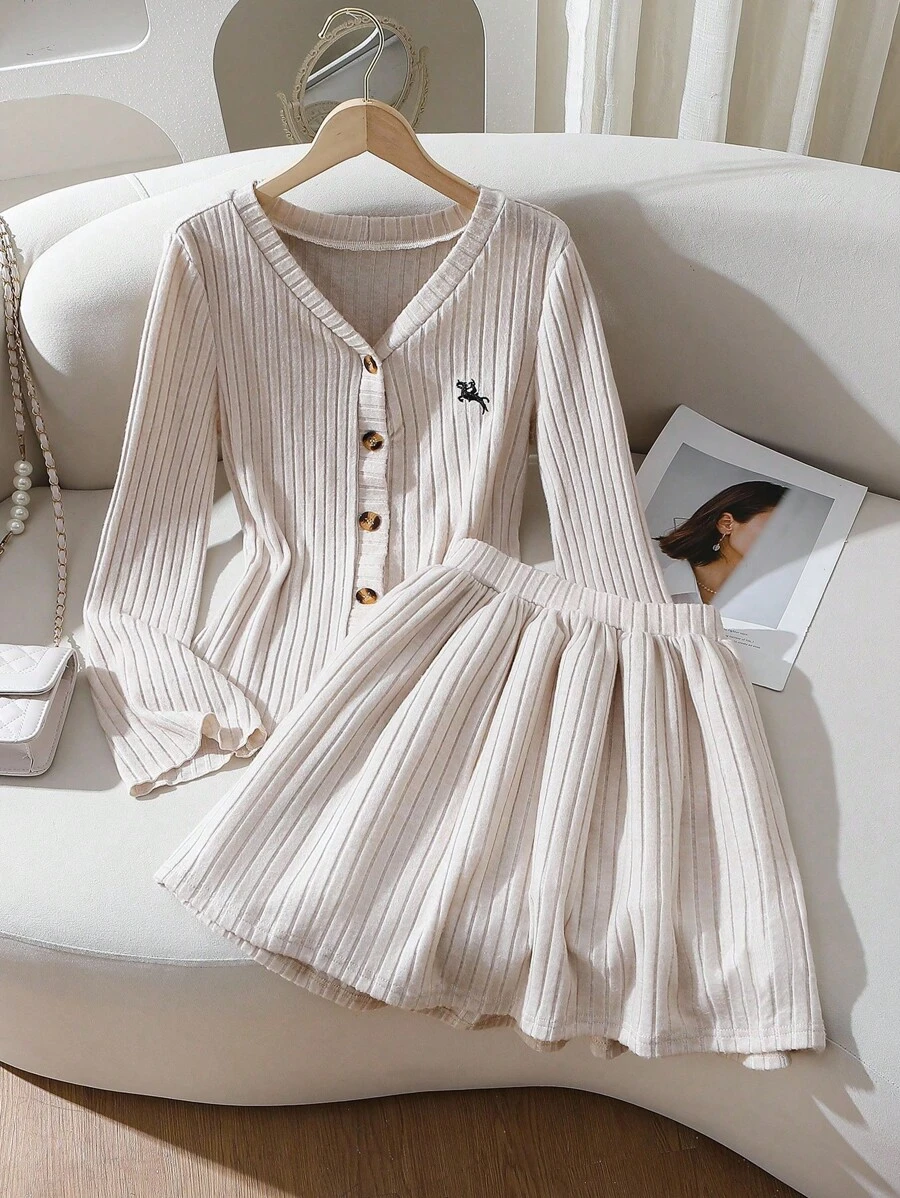 少女正装通勤背心+百褶裙针织套装 - 杏色 - 查看 1