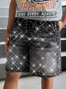 SHEIN 男童秋冬Y2K复古都市街头酷炫风做旧百慕大牛仔短裤，黑色水钻装饰，宽松版型，适合日常穿着，返校季、返校舞会、街头风、秋冬童装、万圣节、夜间外出、圣诞节等场合。 - 黑色 - 查看 7