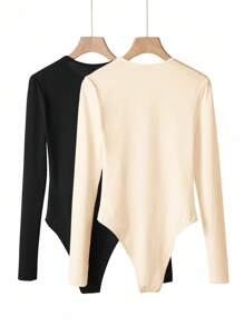 SHEIN BASICS Bộ 2 bộ đồ liền thân dệt kim cổ tròn tay dài màu trơn đơn giản dành cho nữ - Nhiều màu - Xem 4