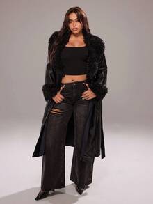 Rustia Plus Size Women Faux Leather Coat With Fur Collar, Long Slim Fit Jacket Winter Fall Autumn