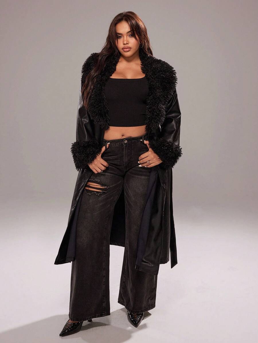 Rustia Plus Size Women Faux Leather Coat With Fur Collar, Long Slim Fit Jacket Winter Fall Autumn