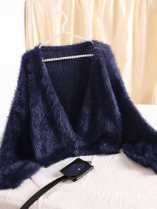 CosyJoli 大码女式毛衣 露肩毛绒短款开衫 短款开衫 海军蓝开衫 毛绒开衫 披肩开衫 秋冬 - 藏蓝色 - 查看 6