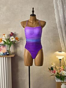 SHEIN Swim 女款細肩帶漸變色荷葉邊連身泳衣嘉年華 - 彩色 - 查看 8