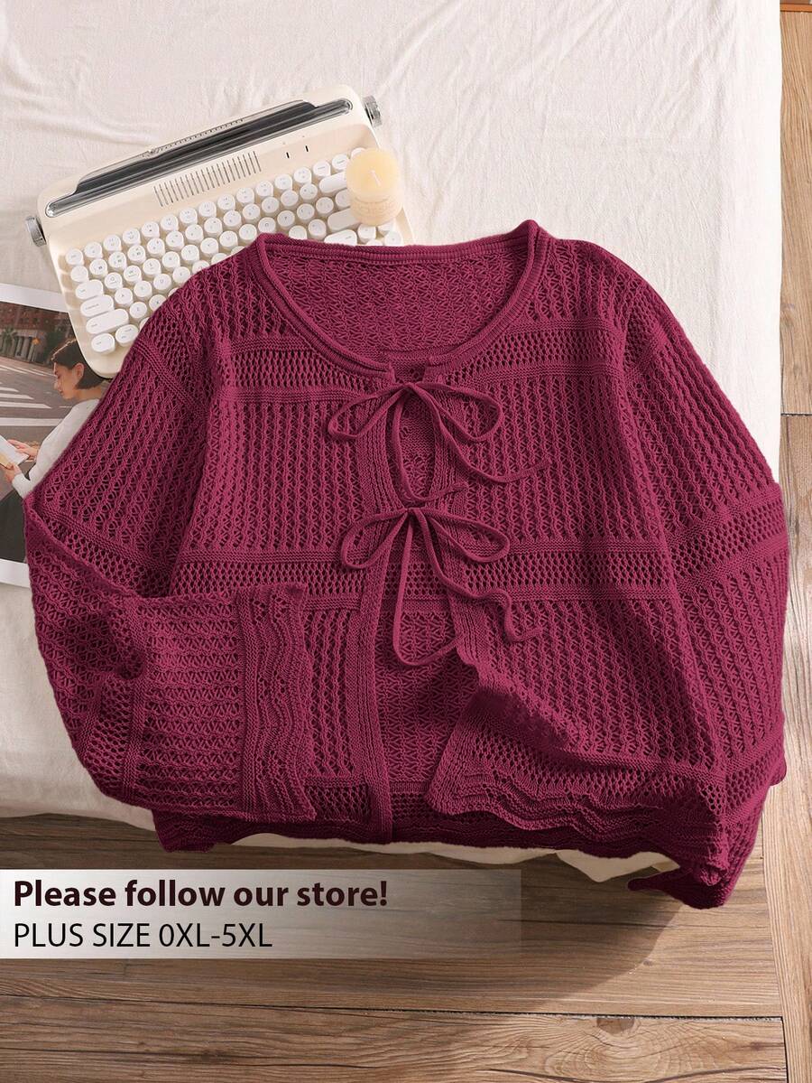 CosyJoli Plus Size Comfortable Casual Vacation Crochet Front Tie Loose Fit Women Apricot Cropped Long Sleeve Cardigan,Fall Clothes For Women Autumn,Slightly Sheer