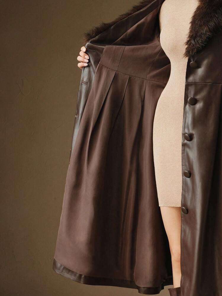 女性用 秋冬スタイリッシュブラウンPUレザー中丈フェイクファーカラーコート、アウターウェア