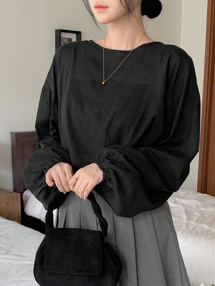 Women's Loose Casual Solid Black Shirt, Autumn/Winter