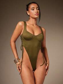 Hauture Áo liền thân kiểu corset gợi cảm mùa hè, thoải mái, cổ trái tim, buộc dây bên hông. - xanh quân đội - Xem 1