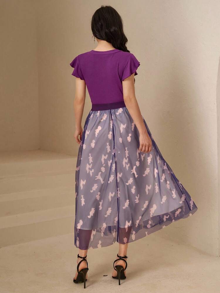 Solid Color V-Neck T-Shirt & Floral Print Skirt 2 Pieces Set For Women