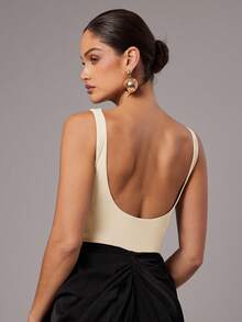 Silquee 女士性感纯色露背无袖紧身衣 - 杏色 - 查看 5