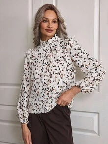 EMERY ROSE Women's Printed Lantern Sleeve Shirt,Long Sleeve Tops - Multicolor - View 3