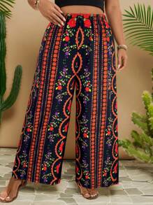 Travachic Damen Große Größen Schwarze & Rote Blumen Weite Hose, Urlaubs Weite Hose Weite Hose Frau Strand Resort Tragen Frauen Ibiza Boho Hose
