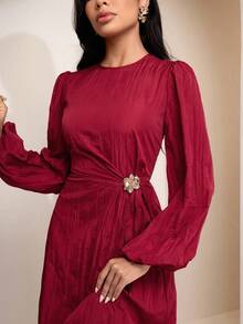 Veilorie Women's Round Neck Lantern Sleeve Waist Metal Flower Decor Elegant Dress - Burgundy - View 7