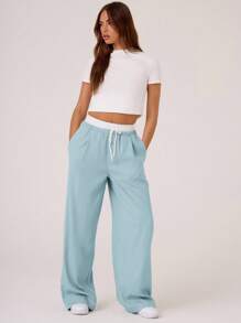 MUSERA Pantalones a medida con cinturón de contraste tejido, estilo casual y lindo de los años 90 y Y2K, ideal para vacaciones, días festivos, otoño, invierno y vuelta al colegio - Azul - Ver 3