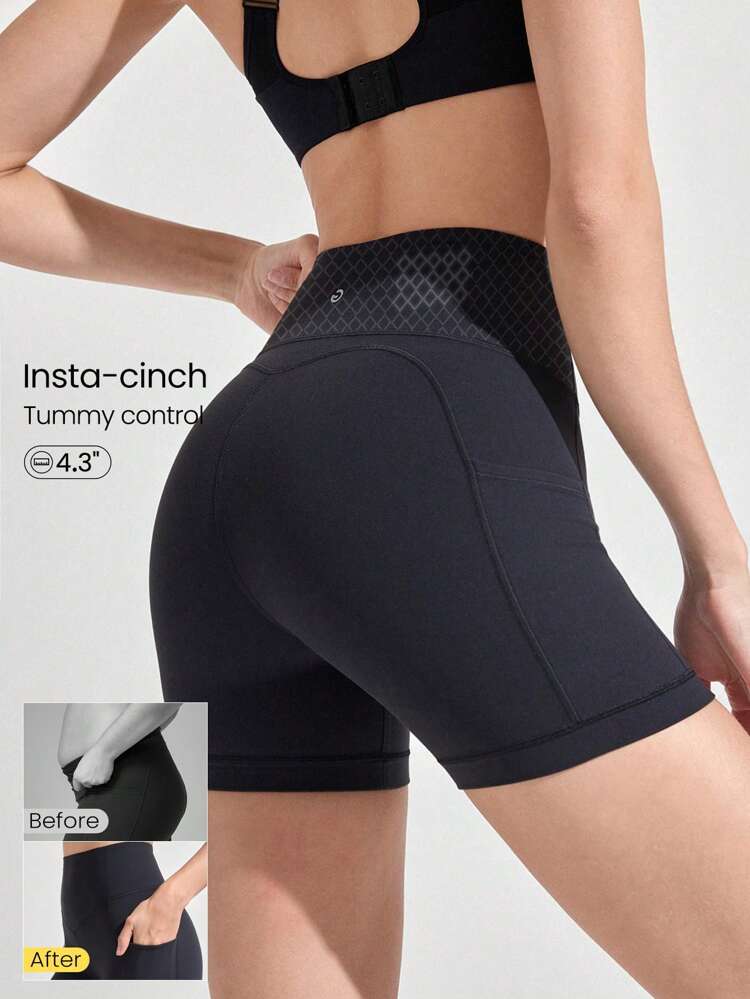 4.3'' FeatherFit™-Sculpt Insta-Cinch Tummy Control Shorts With Side Pockets Non-Slip Grips Medium Impact Running Jogging Training Gym Workout