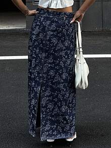 DAZY 女士碎花系带长款直筒牛仔裙 - 霧霾藍 - 查看 5