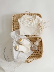 SHEIN Baby Girls' Minimalist Embroidered Lace Trim Knit Bodysuit - Apricot - View 1