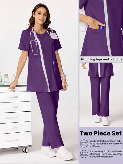 TaskEZ 蕾丝拼布休闲宽松多口袋上衣和高腰直筒裤 手术服套装 女士手术服套装 加大码手术服套装 两件套手术服套装 两件套手术服套装 配套手术服套装