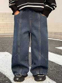 SHEIN 男童宽松版型藏蓝色保暖牛仔裤，适合秋冬季穿着 - 深色水洗藍 - 查看 7