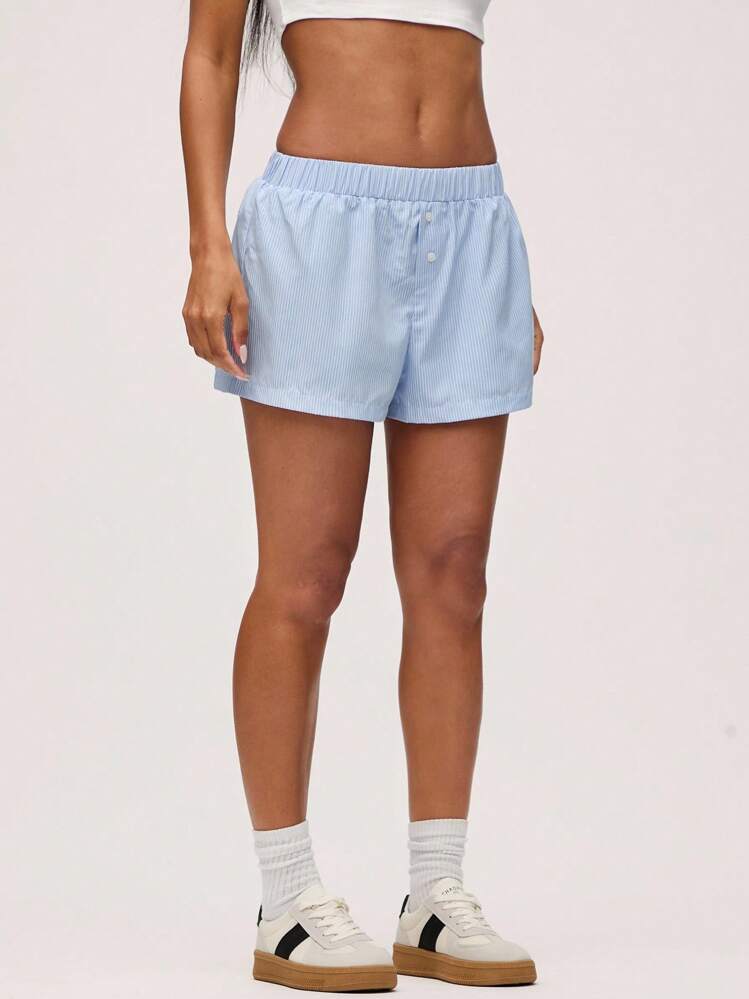 SHEIN BASICS 女式輕藍色編織細條紋寬鬆盒型褲，低腰設計 - 淺藍色 - 查看 4