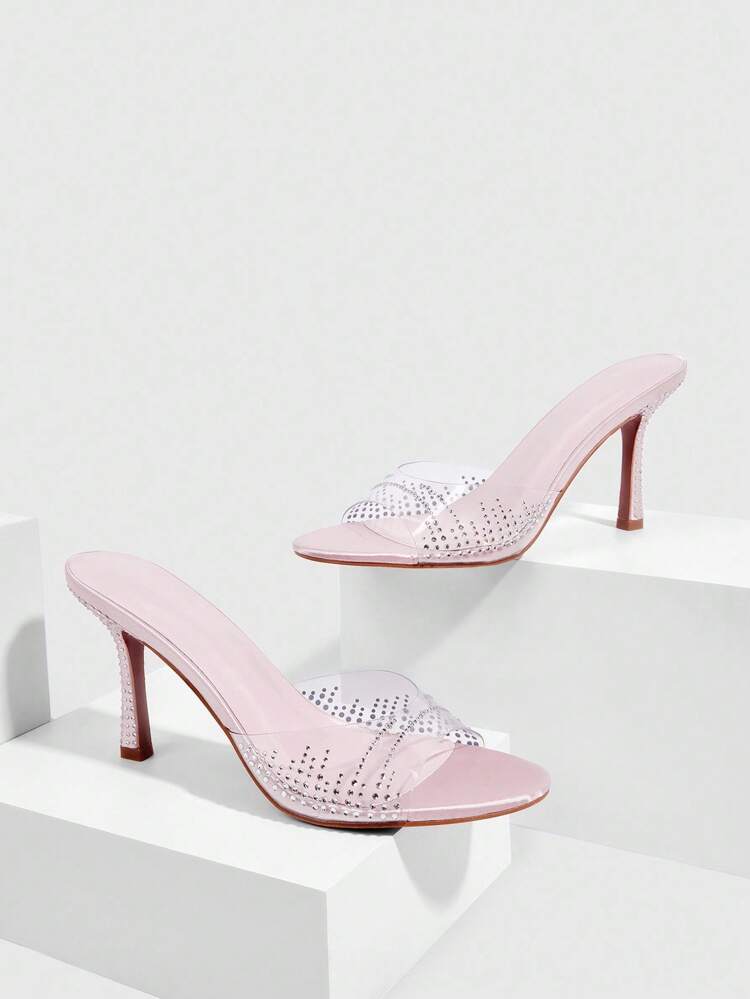 CUCCOO SZL Women's Transparent TPU Rhinestone Decor Fashion Mule Sexy Round Toe Glamorous High Heel Sandals