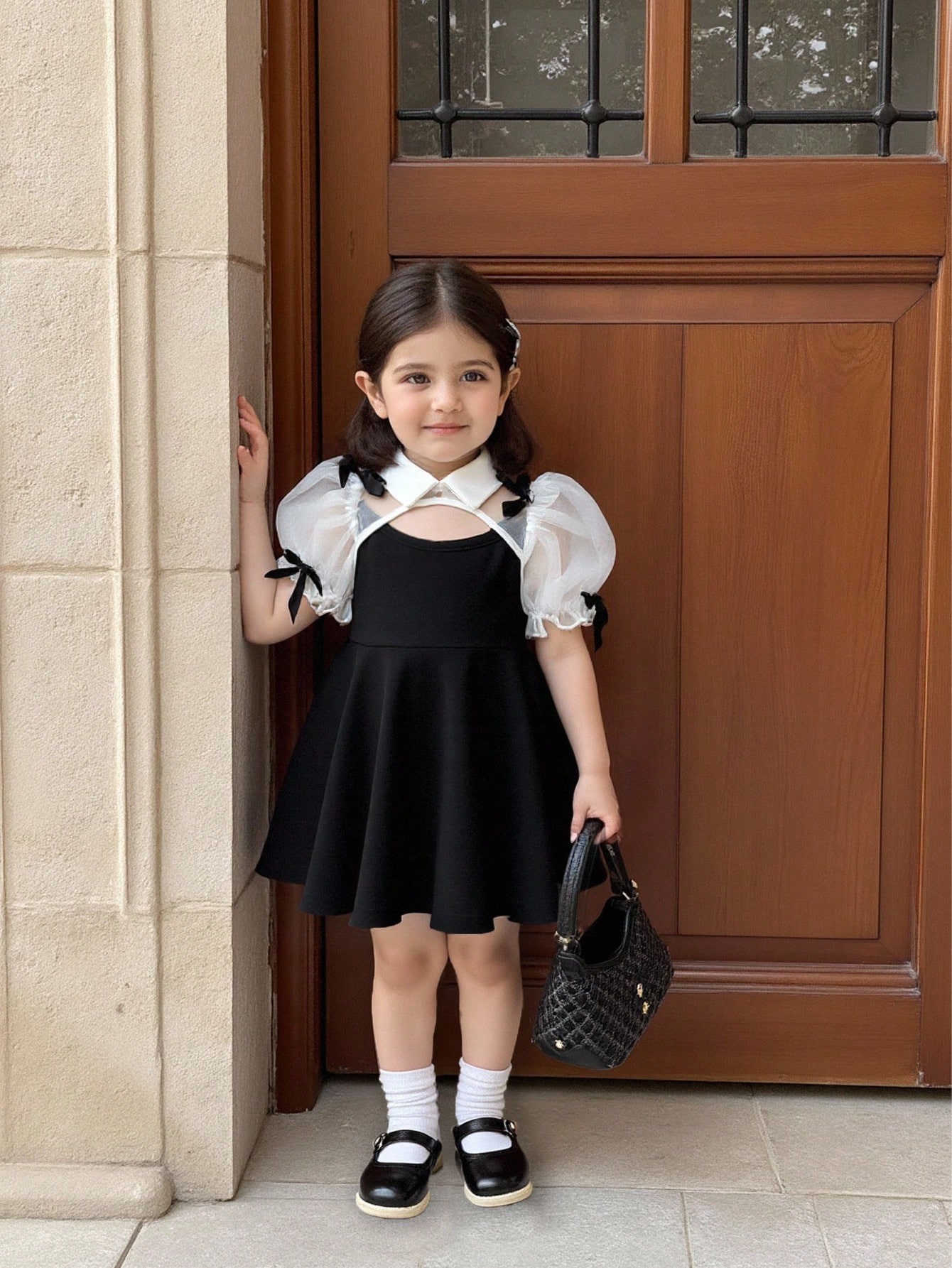 فستان بناتي بأكمام منتفخة وياقة فراشة ذو لونين، يا...