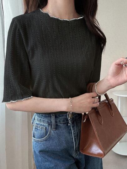 FRIFUL 女士网眼镂空撞色荷叶边宽松休闲甜美修身短袖T恤，春夏针织衫，女士半袖上衣，针织衫，高领上衣，纯色上衣