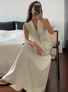 女士休闲通勤纯色系带吊带背心和半身裙两件套家居服套装 - 杏色 - 查看 7